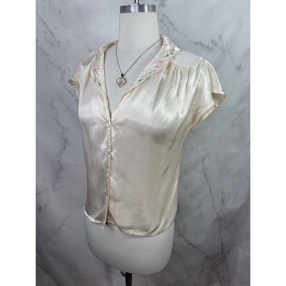 Vtg 70s You Babes Satin Button up Blouse S Cream Embroidery Collar Top Coquette - Picture 14 of 16